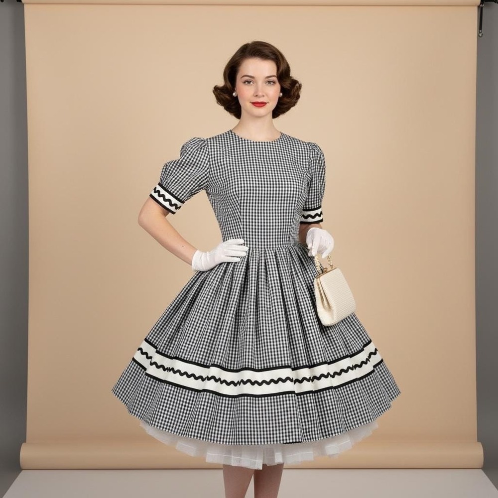 1950s‎ Dress Chechered Cotton Summer Full Skirt Rockabilly (Size M)